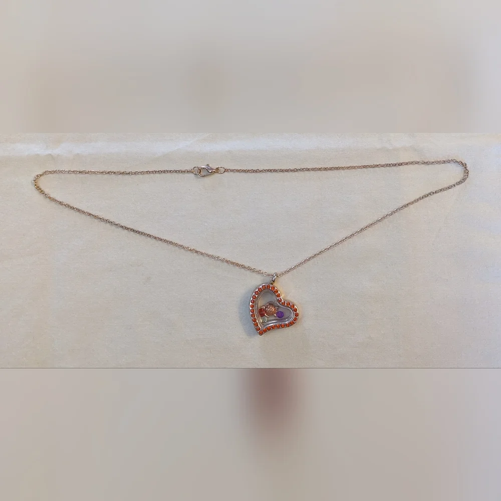 Floating Charm Locket Necklace Orange Rhinestone Memory Pendant Gold Tone T5B8E